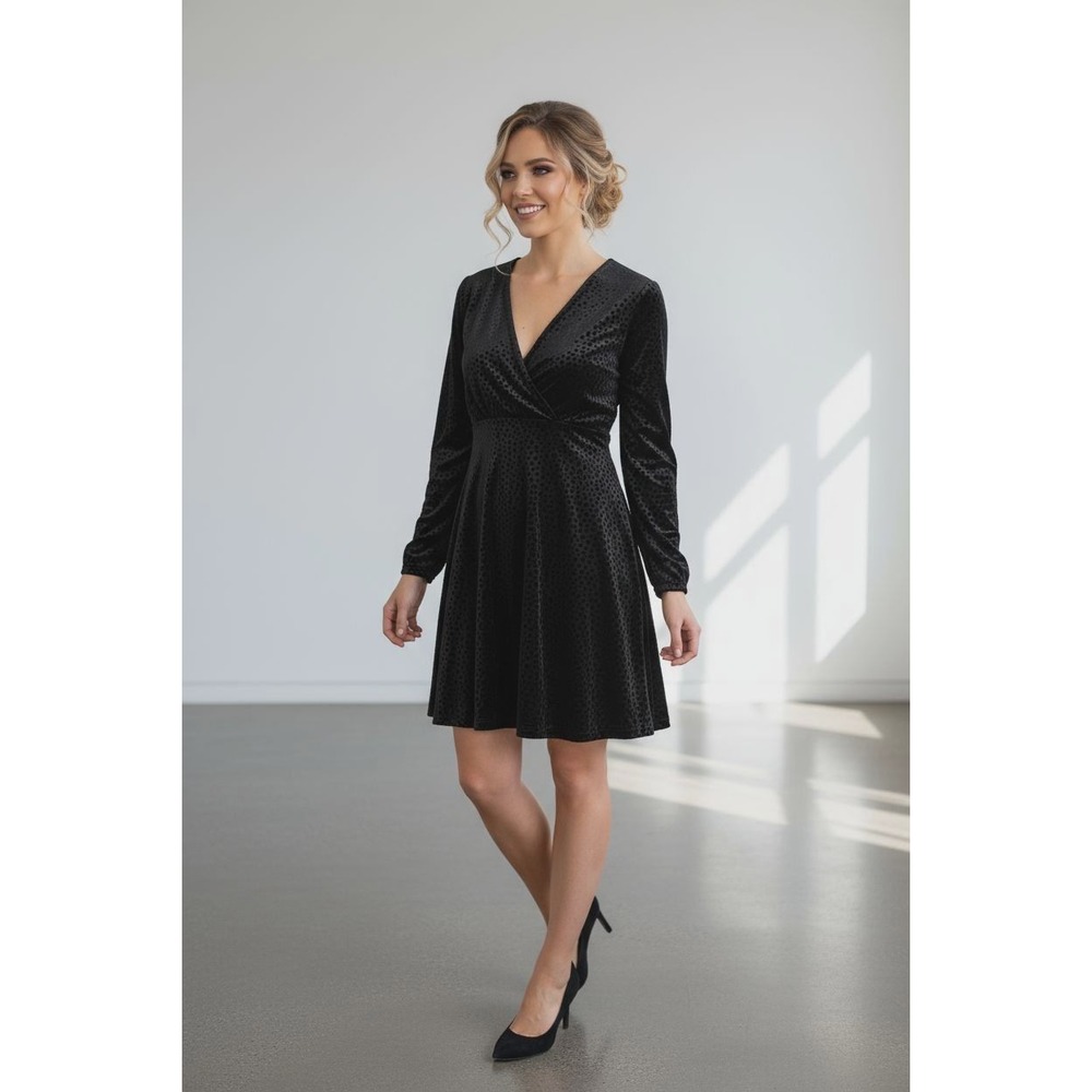 A New Day XS Black Velvet Spotted Fit & Flare Dress Long sleeve Party Holiday‎
